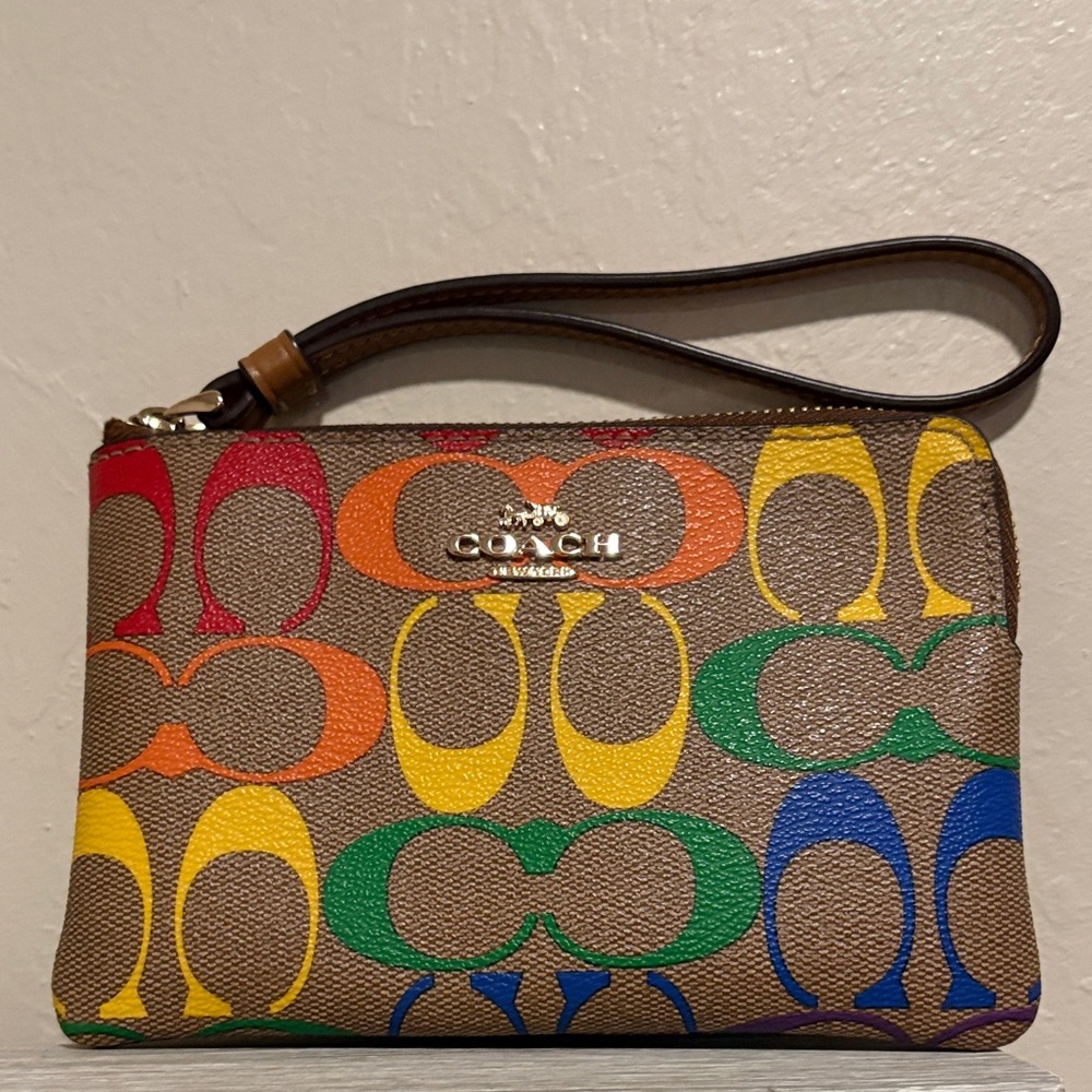 Coach Brown Wristlet with Multicolor Logo Design